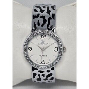 Women's Cannes Round Silver Tone Rhinestone Bezel Animal Print Bangle Watch 08